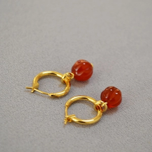 New Chinese style red agate lantern hoop earrings with elegant gold-tone finish