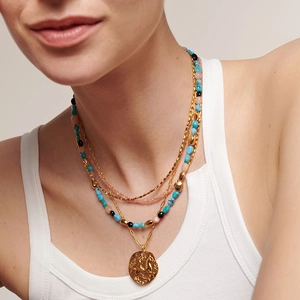 Bohemian multilayer gold chain necklace with turquoise beads and embossed coin pendant