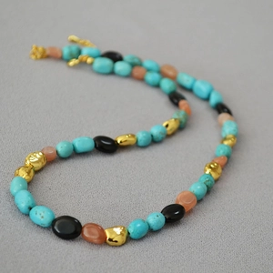Vintage Baroque turquoise beaded necklace with irregular gold metal accents for women