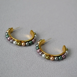 French retro C-shaped hoop earrings with colorful pearl beads in gold finish