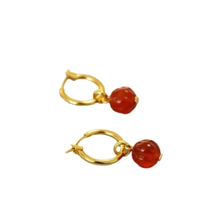 Elegant Chinese lantern red agate drop earrings with vintage gold plated metal hoops