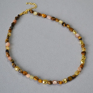 Vintage Tiger Eye Stone Beaded Necklace Irregular Natural Stone Jewelry For Women Copper Plated Alloy Beaded Bracelet