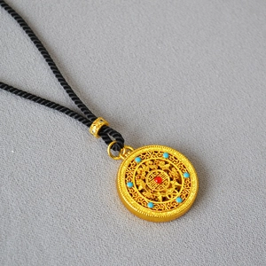 Ancient Gold Plated Copper Round Hollow Pendant Necklace Artificial Pearl Rhinestone Rope Chain Jewelry Women Necklace
