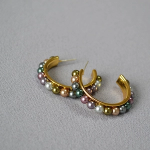 French Retro Gold Plated Brass Multi-colored Faux Artificial Pearl Hoop Earrings With 925 Sterling Silver Earring Post Women Jewelry