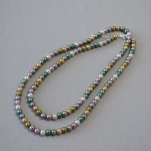 French retro style pearl beaded necklace with purple and emerald green tourmaline beads