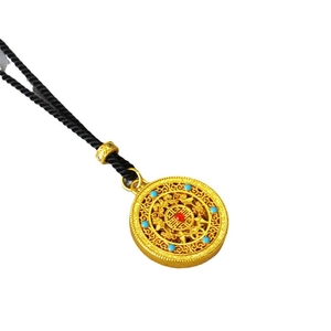 Retro Chinese style circular hollow filigree pendant necklace with red and blue beads