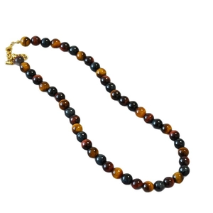 Retro mixed tiger eye beaded necklace with brown red blue stones and gold lobster clasp