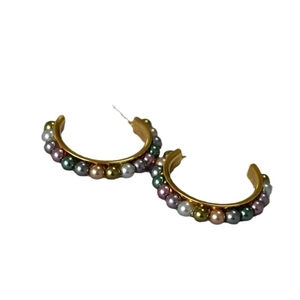 French retro C-shaped gold hoop earrings with multi-color pearls and 925 silver pins