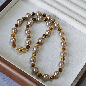 Tiger Eye Stone Faux Artificial Pearl Beaded Necklace Retro Vintage Jewelry For Women Gold Plated Magnetic Clasp