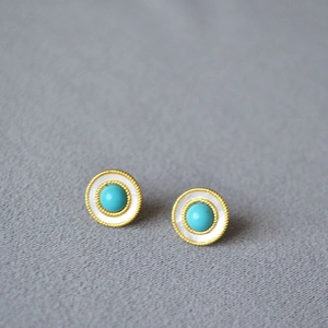 French vintage silver stud earrings with turquoise, white shell, and gold bead trim