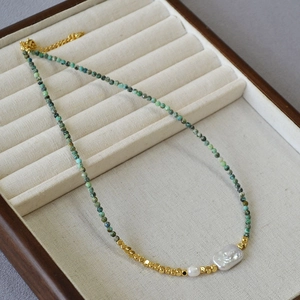 French vintage turquoise and baroque pearl beaded necklace in wooden jewelry box