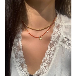 French vintage layered necklace with red beads, gold coin pendant and pearls