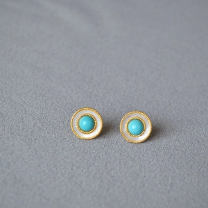 French Retro Round Stud Earrings Brass Gold Plated Mother Of Artificial Pearl Inlaid Turquoise 925 Sterling Silver Earring Post Jewelry