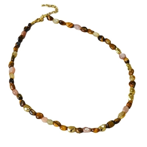 Tiger eye beaded necklace with gold lava beads and adjustable chain in vintage style