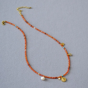 Vintage French Red Beaded Necklace With Freshwater Pearl Gold Coin Pendant Zirconia Opal Elegant Asymmetric Clavicle Chain Jewelry