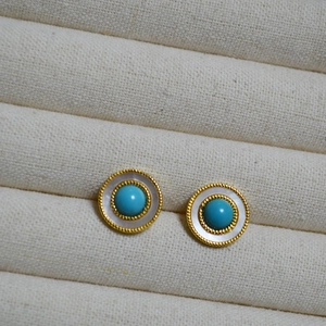 Vintage style round stud earrings with turquoise, white mother of pearl and gold beaded edge