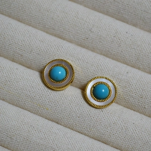French vintage style round studs with white mother of pearl and turquoise bead edge