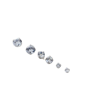 Set of six four-prong round zircon stud earrings in various sizes with silver finish