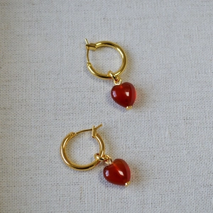 Korean Design Red Agate Heart Hoop Earrings Copper Gold Plated Sweet Simple Elegant Fashion Jewelry For Women New Year Gift