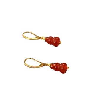 Elegant Chinese style gourd earrings with red agate pendants and golden hooks