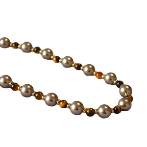 Beaded vintage tiger eye and champagne pearl necklace with golden spacer beads for women