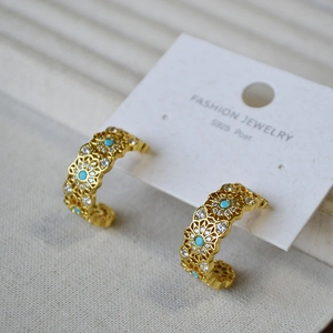 Vintage gold hollow lace earrings with turquoise and S925 silver posts for women