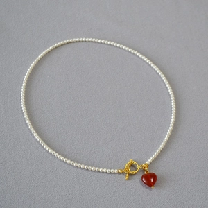 French Retro Artificial Pearl Necklace Gold Plated Copper Red Agate Heart Pendant Toggle Clasp Elegant Jewelry For Women