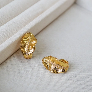 Vintage Gold Plated Brass Leaf Stud Earrings With 925 Sterling Silver Earring Post Zircon Inlay Elegant Botanical Jewelry