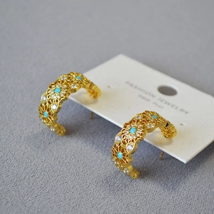 Vintage Palace Lace Hollow Copper Gold Plated Stud Earrings With 925 Sterling Silver Post Blue Artificial Turquoise Rhinestone Earrings