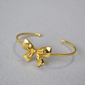 Brass Gold Plated Bowknot Cuff Bracelet For Women Minimalist Adjustable Open Bangle INS Style Fashion Elegant Jewelry Accessories