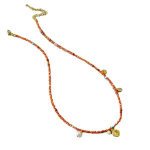 Vintage French red beaded necklace with asymmetric gold coin and pearl pendants for women