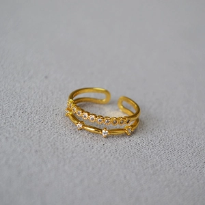 Double layered gold brass ring with micro paved cubic zirconia crystals and adjustable band