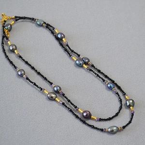 Retro Black Spinel Freshwater Baroque Pearl Necklace For Women Gold Bamboo Section Handmade Long Sweater Chain Niche Jewelry