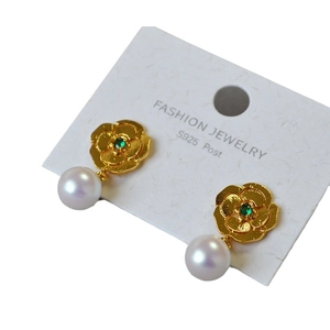 Vintage floral pearl drop earrings with S925 silver posts and green gemstone accent