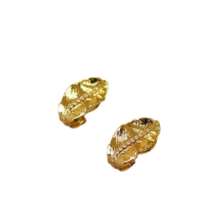Elegant gold leaf earrings with textured feather design and sparkling zircons set in brass