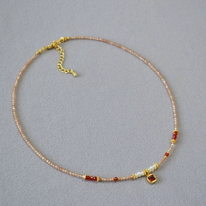 Champagne Zirconia Freshwater Pearl Beaded Necklace Women Gold Plated Handmade Sweet Square Red Gemstone Pendant Necklace