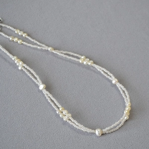 Handmade double layer necklace with irregular baroque pearls and white seed beads