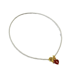 Elegant pearl choker necklace with red heart agate pendant and golden OT toggle clasp