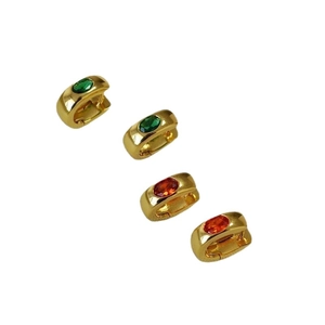 Gold plated oval gemstone huggie hoop earrings with green and orange crystals