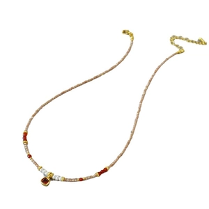 Champagne zircon freshwater pearl beaded necklace with red gemstone pendant for women