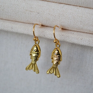 Movable Tail Fish Earrings Gold Plated Brass Tiny Animal Dangle Hook Earrings Rhinestone Minimalist Jewelry For Women Gift