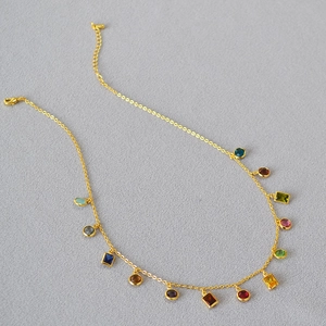 French Vintage Gold Plated Brass Colorful Zirconia Necklace For Women Minimalist Geometric Pendant Clavicle Chain Jewelry