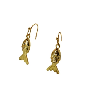 Golden fish dangle earrings with movable tails and sparkling rhinestone accents