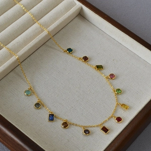 French vintage gold-plated necklace featuring vibrant multi-color zircon stone pendants