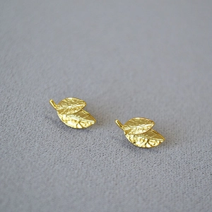 Macro detail of leaf-shaped matte gold earrings showing intricate vein textures and finish