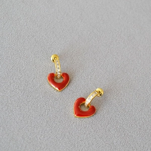 Elegant 925 silver needle heart earrings with red enamel and pavé zircon stones