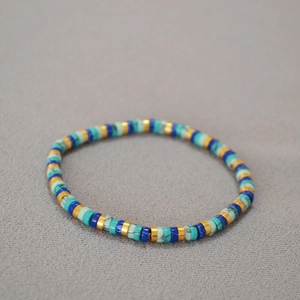 Bohemian Synthetic Turquoise Heishi Beaded Bracelet Vintage Handmade Elastic Disc Beads Stretch Gold Plated Copper Jewelry