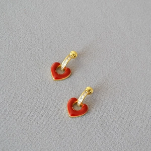 Elegant 925 silver heart earrings with red enamel and pavé-set cubic zirconia accents