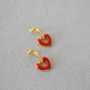Elegant red heart-shaped enamel drop earrings with gold plating and zircon inlay for women