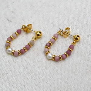 Detail of handmade gold-plated brass earrings with pink beads and white pearls